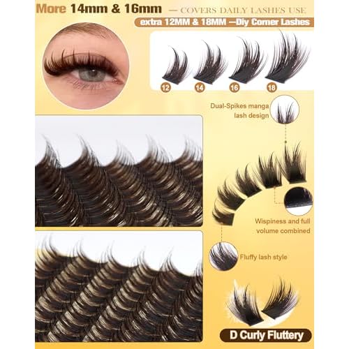 Lash Clusters Kit Brown Cluster Eyelash Extensions Kit More 14/16mm Volume Lashes with Spikes Anime Thick Eyelash Clusters Kit with Lash Bond and Seal, Tweezers by Pleell (D Curly, 144PCS)