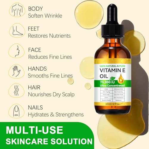 Vitamin E Oil for Skin - 75,000 IU | Vitamin E Oil for Scars, Stretch Marks, Wrinkles, 100% Natural d-Alpha Tocopherol for Face & Hair, Moisturizing Anti-Aging (120 ML)