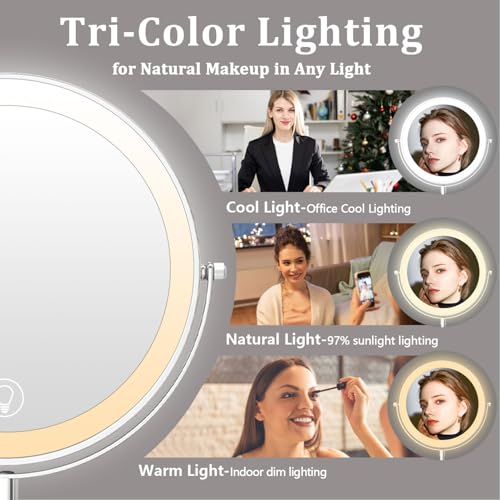 9in Vanity Mirror with Lights, Rechargeable 5000mAh Lighted Makeup Mirror, 1X/20X Double Sided Magnifying Mirror, 360¡Æ Rotate, 3 Color Lights, Up to 3800lux with 60 LEDs, Brightness Adjustable,Silvery