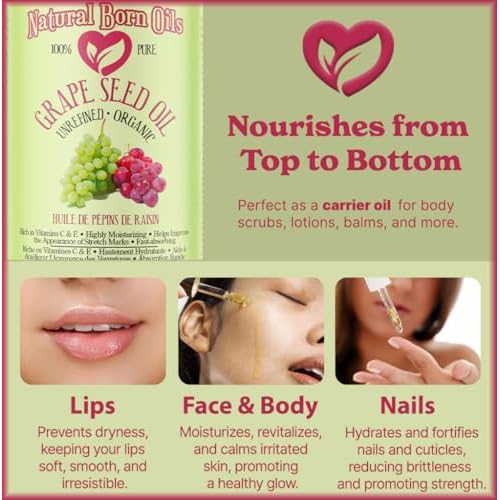 Natural Born Oils Grape Seed Oil, 8 oz, Organic, Cold?Pressed, Antioxidant?Rich, Skin Hydration, Hair Shine Enhancer