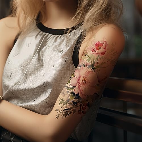 Everjoy Flower Temporary Tattoo Sleeve Sheets Kit, 12 Large Watercolor Floral Tattoo Stickers, 13 Small Fake Flower Tattoo Designs for Women and Girls