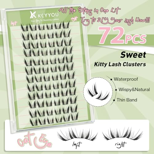 KEYYOU Bunny Lash Clusters Kit Anime Cat Lash Clusters 72pcs Wispy Natural Cat style Lash Extension Kit with Bond and Seal,Applicators,Remover for Manga DIY Eyelash Extension Kit at Home£¨MC03£©