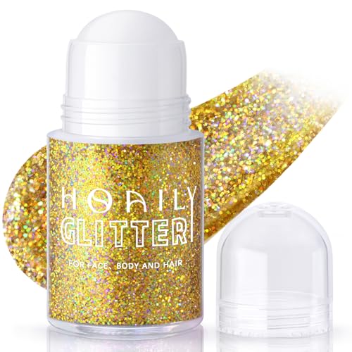 Roll-on Holographic Body Glitter Gel for Face Hair, Chameleon Color Changing Glitter Gel Under Light, Chunky Mermaid Sequins Festival Party Rave Accessories Shimmer Makeup (Gold)