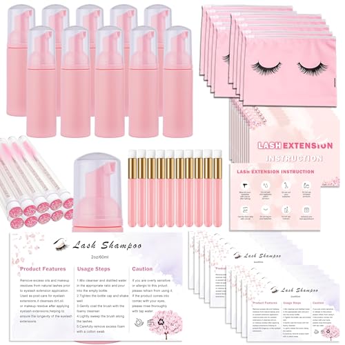60pcs Lash Extension Cleaning Kit for Clients,10pcs Lash Brushes,10pcs Eyelash Brush with Tubes,10pcs Lash Bottles,10pcs Eyelash Bags,10pcs Lash Shampoo Stickers,10pcs Instruction Card (Pink 2)