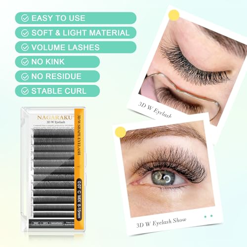 NAGARAKU 3D W Shape Eyelash Extension 5 Trays in 1 pack Volume 0.07mm D curl 9/10/11/12/13mm Premade Fans Faux Mink Matte Black Cluster Easy Fanning False Lashes