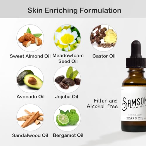SAMSON'S HAIRCARE Beard Oil, Moisturizing, Softening, For Itchy Dry Skin and Coarse Facial Hair, 1 oz.