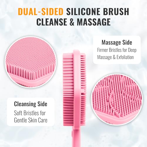 Silicone Back Scrubber for Shower ? 21in Extendable Shower Brush with Long Handle ? Dual-Sided Back Brush with Non-Slip Grip, Gentle Cleansing & Exfoliation for Men, Women, Elderly (Pink)