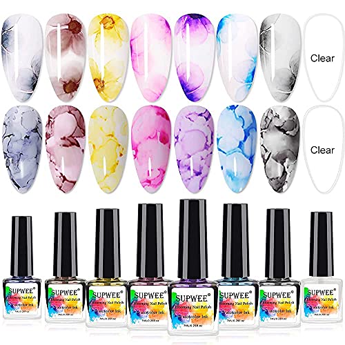 12 Colors Glitter Watercolor Ink Nail Polish Set with 8 Colors Pure Color Blooming Nail Polish Watercolor Nail Art Kit