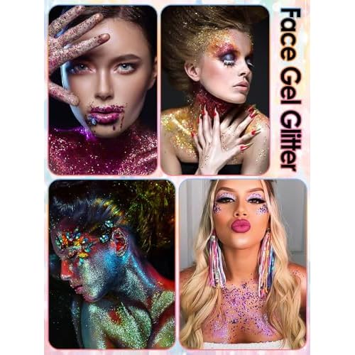 9Colors Face Body Glitter Gel, TOROKOM Sparkling Holographic Face Glitter Gel Mermaid Cosmetic Glitters Flakes Gel Long Lasting Chunky Glitter for Valentine's Day Party Rave Eye Lip Hair Nail Body