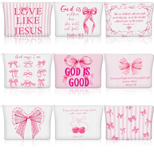 Reginary 9 Pcs Christian Bow Makeup Bags for Women Pink Coquette Bow Bible Verse Toiletry Cosmetic Bag for Inspirational Christian Gifts Religious Faith Based Favors