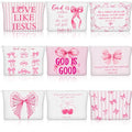 Reginary 9 Pcs Christian Bow Makeup Bags for Women Pink Coquette Bow Bible Verse Toiletry Cosmetic Bag for Inspirational Christian Gifts Religious Faith Based Favors
