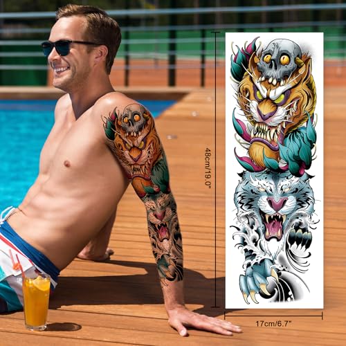 Full Arm Black Temporary Tattoo Sleeve for Men 8 Sheets, Scary Fake Tattoos That Look Real, Tigers for BBQ Pool Beach Party