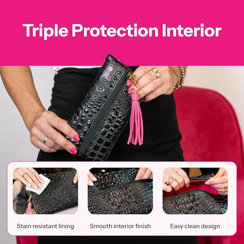 Makeup Junkie Mini Makeup Bag - Bubble Gator Onyx - Patented Lay Flat Travel Toiletry Bag for Women - 4" x 7" Handmade USA Cosmetic Pouch with Wipeable Lining