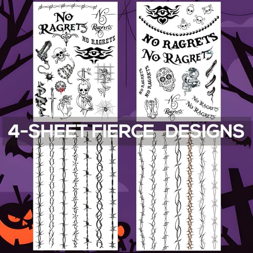 No Ragrets & Barbed Wire Halloween Temporary Tattoos 4 Sheets - Realistic Tattoo Stickers Arm Bands, Spine & Neck Costume for Scary Funny Adult Women Men Parties