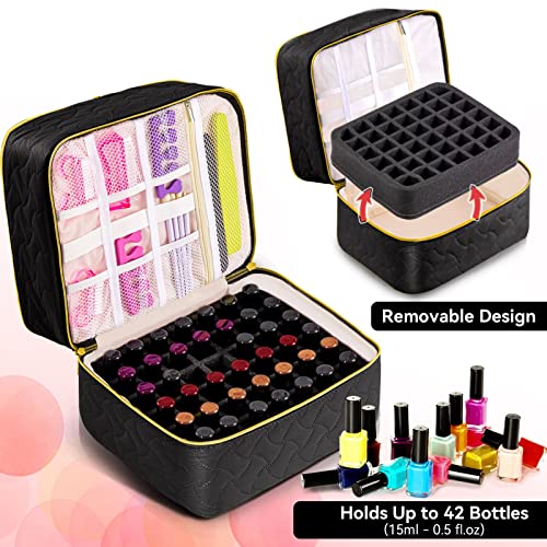 DreamGenius Gel Nail Polish Organizer Case for 48 Bottles, Nail Polish Organizer Case Holds 42 Bottles (15ml/0.5 fl.oz), Clear and Black