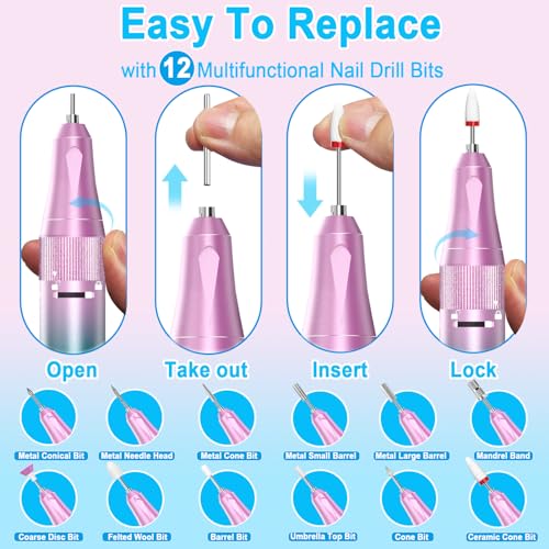 Nail Drill Professional 40000RPM for Acrylic Nails, Nail Drill Portable Electric Nail Drill for Nail Manicure, Nail Drill Rechargeable High Capacity for Salon and Home Use (Pink-Blue)