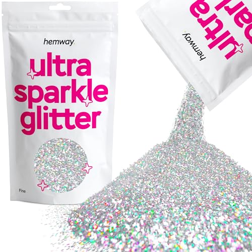 Hemway Premium Ultra Sparkle Glitter Multi Purpose Metallic Flake for Arts Crafts Nails Cosmetics Resin Festival Face Hair - Silver Holographic - Fine (1/64" 0.015" 0.4mm) 100g / 3.5oz