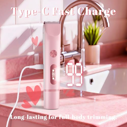 Bikini Trimmer for Women ? Gentle Electric Razor for Sensitive Areas, Waterproof USB-C Rechargeable Shaver for Body & Face, Stocking Stuffers Holiday Gift (Petal Pink with LED)