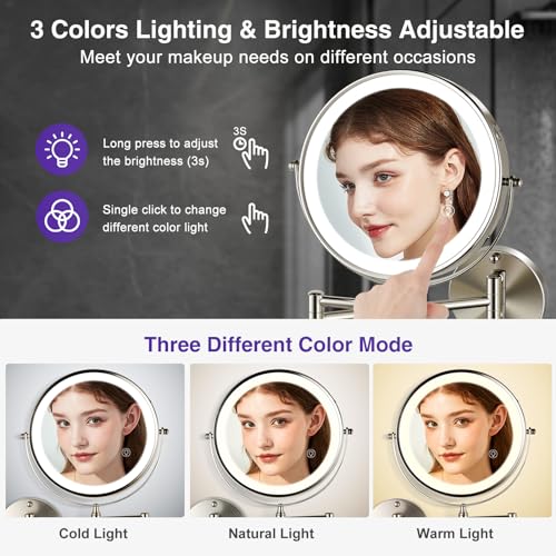 Magnifying Mirror with Lights 1x/15x: 8.5" Double Sided Wall Mounted Lighted Makeup Mirror for Bathroom, Brushed Nickel
