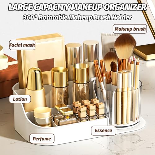 DASITON Large Capacity Makeup Organizer with 360¡Æ Rotating Makeup Brush Holder, Perfume and Skincare Storage Organizers for Vanity Bathroom Countertop, Cosmetic Display Case (White, 1 Tier)