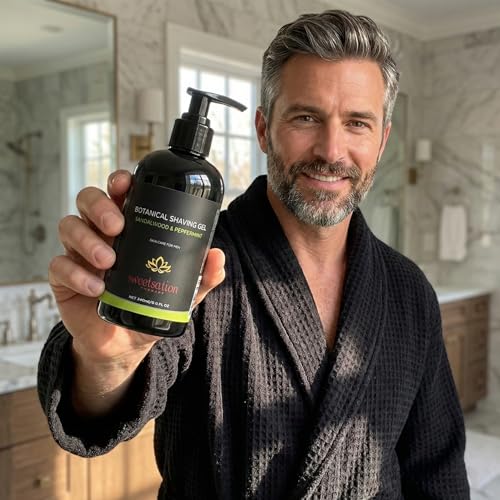 Botanical Shaving Gel, Sandalwood & Peppermint, 8oz All Natural Skin Care. For Smooth Gentle Shave.