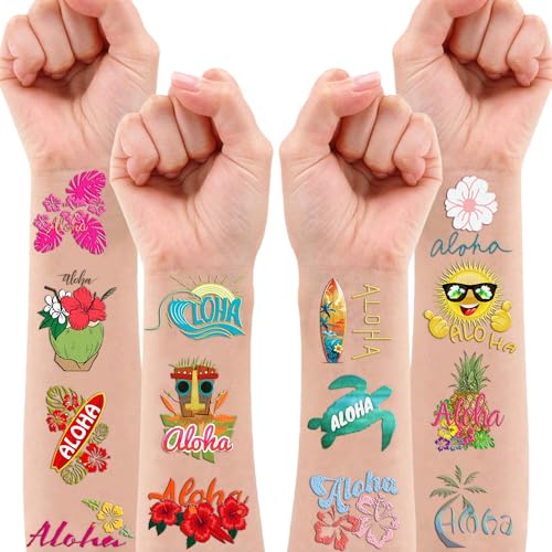 100 PCS Aloha Hawaiian Luau Temporary Tattoos Themed Birthday Party Decorations Favors Supplies D?cor Tropical Hibiscus Plumeria Hawaii Tattoo Stickers Gifts For Game Boys Girls Classroom School