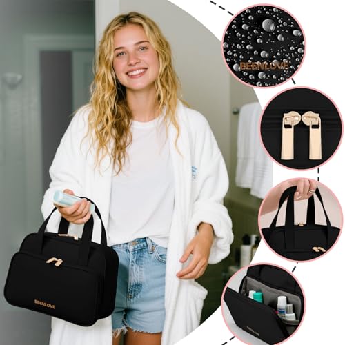 Travel Toiletry Bag, Water-resistant PU Leather Makeup Bag with Multiple Compartments, Large Capacity Makeup Organizer Bag with Handle for Accessories, Essentials, Toiletries, Black