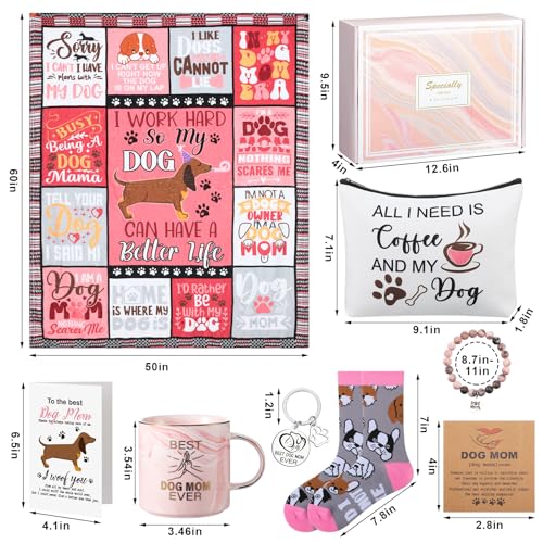 9 Pcs Dog Lover Mom Gifts for Women Novelty Fleece Blanket Blanket Socks Mug Cosmetic Bag Keychain Bracelet Cards Mother's Day Idea Gifts Box Set for Mom Birthday Basket Valentine's Day