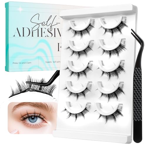 Bepholan Manga Self Adhesive Eyelashes Natural Look Pre Glued No Glue Needed Eyelashes Press On Anime Lashes Spiky Cosplay False Eyelashes Wispy with Tweezer 5 Pairs(AN22)