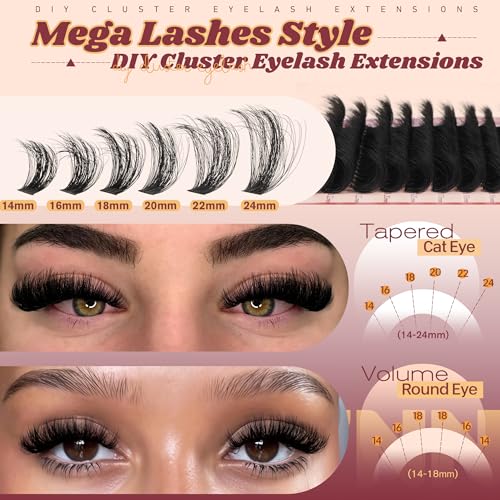 Fluffy Lash Clusters Kit Dramatic 270D Cluster Eyelash Extensions Kit 14-24mm Long Eyelash Clusters Kit Thick Volume Individual Lashes Bond and Seal Remover Tweezers Mega Lash Extension Kit by Eefofnn