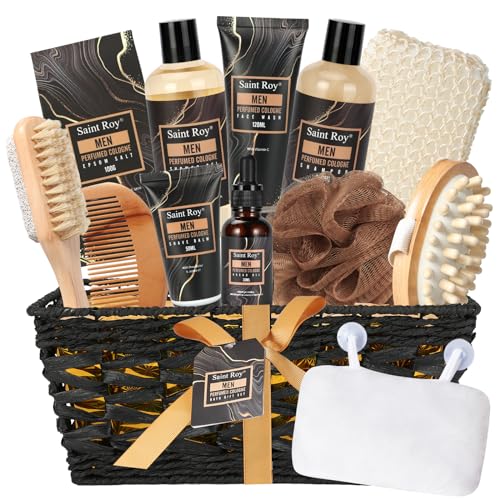 Fathers Day Christmas gift for Men Dad Bath Perfume Gift Set, 14 Pcs Spa Basket with Classic Perfume kit, Personal Self Care Shaving Kit Relax Included Scubber, Beard Oil, Bath Pillow, Valentines Day