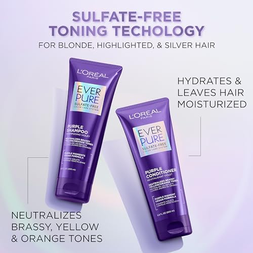 L¡¯Oreal Paris Sulfate Free Brass Toning Purple Shampoo for Blonde, Bleached, Silver, or Brown Highlighted Hair, EverPure, 23 Fl Oz (Packaging May Vary)