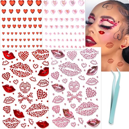 NOOEPC Red Face Gems Self-Adhesive Face Jewels, Red Face Glitter Lip Hair Gems, Festival Kiss Stickers, Face Rhinestone Stickers for Makeup, Eye, Hair, Body, Rave Accessories