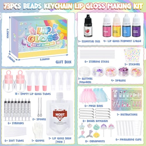 Jcoos Lip Gloss Making Kit - 73PCS Keychain DIY Lip Gloss, Shimmery Moisturizing Lip Glaze Handmade Set, Fun Craft Kit for Beginner, Women, Kids, Tween, Preteen, Teens Girl Gifts Trendy Stuff