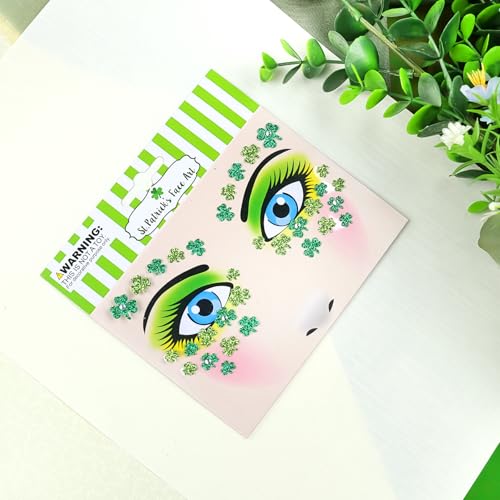 2 Sheets Shamrock Glitter Face Tattoo Jewelry, St. Patrick's Day Celebration Face Gems with Assorted Designs, Sparkle Glitter in Parades, Parties & More (style2)
