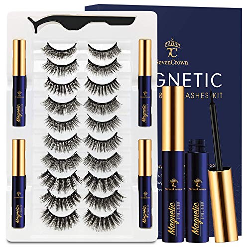 3D Magnetic Eyelashes Natural Look with Eyeliner Kit - 7C SEVENCROWN Magnetic Lashes - Upgraded 4 tubes of Liner - 10 Pairs Reusable False Eyelash Kit with Applicator Easy to Apply.