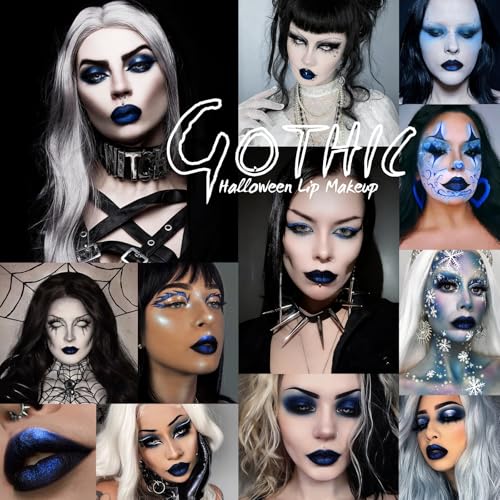 Blue Goth Lip Gloss, Matte Black Base Glitter Blue Lipstick, High Coverage Long Last Waterproof Metallic Dark Blue Lip Stain for Women, Non-Sticky Lipstick for Daily, Party, Halloween Witch, Vegan #07