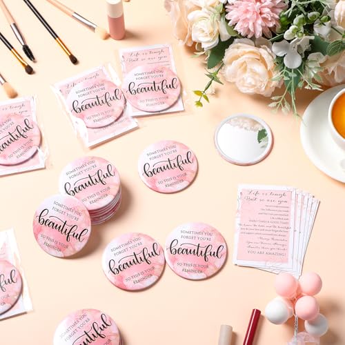 Inspirational Mini Compact Mirror Bulk for Women Pink International Women's Day Gifts Portable Round Purse Mirrors Employee Appreciation Gift for Coworker Nurse(50 Sets,Beautiful)