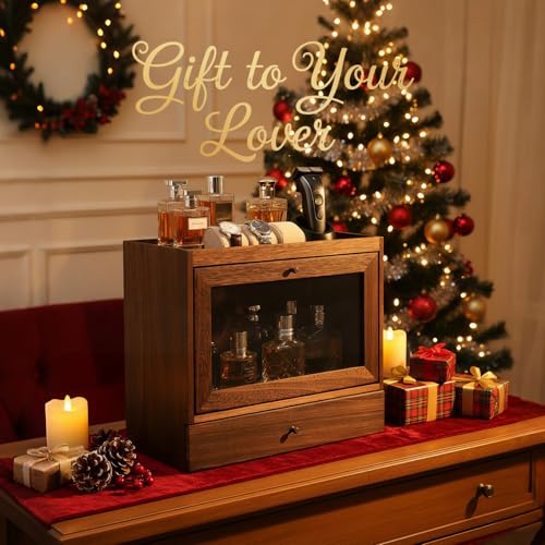 Cologne Organizer for Men,Nightstand Organizer,Cologne Shelf, Solid Wood Cologne Stand with Drawer Storage and Clear Window,Dresser Drawer Organizers,Perfume Stand Organizer,Brown
