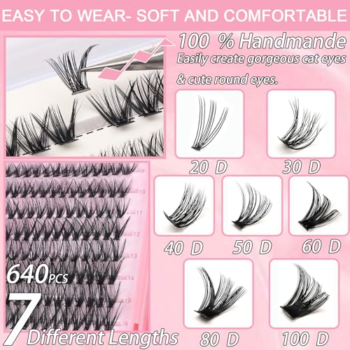 Lash Clusters Kit, 640 Pcs Eyelashes Clusters Extensions Kit 9-16mm Individual Lashes D Curl Fluffy Wispy False Eyelashes Thin Band, with Bond Seal Remover Tweezers Brush DIY (50D+60D Kit 9-16mm)