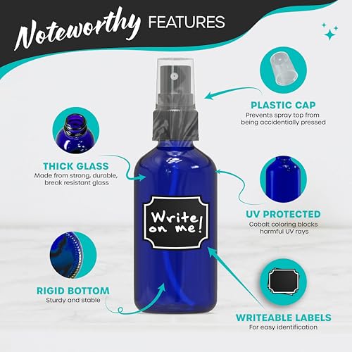 Nevlers Blue Glass Spray Bottles 4 Oz 24 Pack | Mini Spray Bottle Small Set with Labels, Marker, Funnel, Brush & Wrap | Blue Bottle For Face & Hair Products | Practical 4 Oz Bottles for Essential Oils