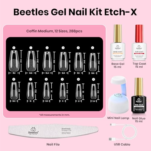 Beetles Gel Nail Kit Etch-X, Coffin Medium, 288pcs 12 Sizes Nail Tips, 3Pcs 15ml HEMA-Free Nail Glue Top Coat & Base Gel Set, with Mini Lamp, Press On Nail, Long Lasting Extension DIY Set at Home