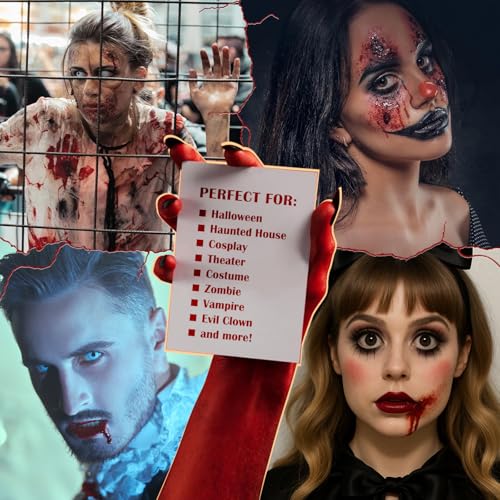 BOBISUKA Halloween Fake Blood Kit, 1.76oz Blood Spray + 1.76oz Dripping Blood + 10 Fillable Empty Capsules, Realistic Washable Fake Blood Makeup for Mouth Clothes Zombie Vampire Monster SFX Cosplay