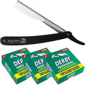 The Shave Factory Black & Silver Straight Edge Razor, Single Edge Blade Compatible Shaving Kit, Easy Replaceable Blade Razor (3 Piece Set)