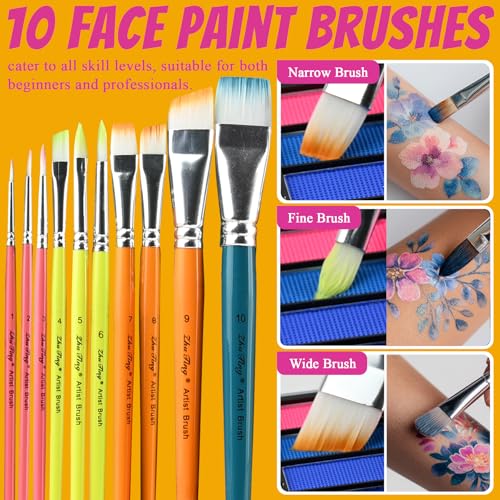 Face Painting Kit Professional, Water Based Face Paint Kit, Non Toxic Face Paint Palette with Body Glitter Gel, Neon Face Paint, Glitter Face Paint & 10 Face Paint Brushes for Halloween, Easter