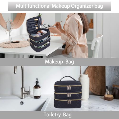 Large Makeup Bag 3 Layers with Handle Travel Makeup Bag Organizer Toiletry Accessories Bottles, Brushes, and Skin Care Products (Blakc)