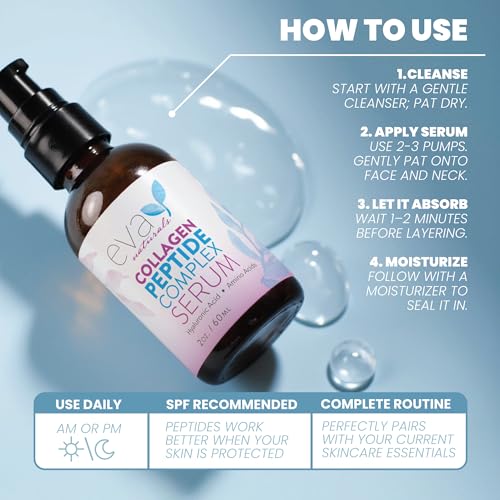 Eva Naturals Multi Peptide Face Serum ? Anti Aging Collagen Peptides for Plump & Firm Skin Elasticity, Wrinkle & Fine Line Renewal, Fragrance Free Firming Facial Skincare - 2 oz
