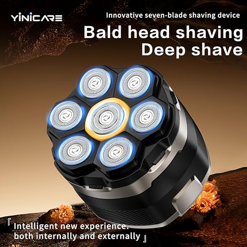Head Shavers for Bald Men ? Yinicare 7D Rotary Head Shaver, Wet & Dry Waterproof, LED Display, USB-C Fast Charging, Includes 1 Original Replacement Head