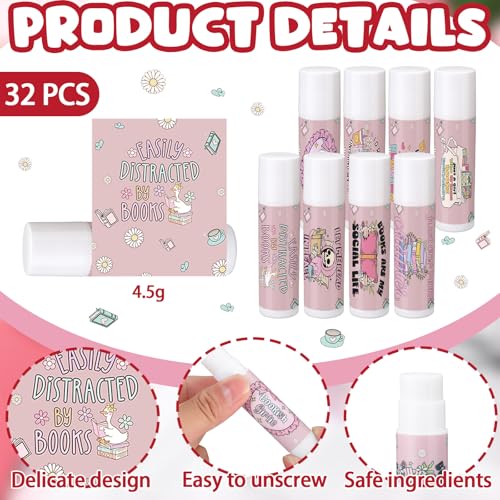 32 Pcs Book Club Lovers Gifts Bookish Book Lip Balms Party Supplies Librarian Bookworms Readers Set for Women Men Small Gifts for Books Club Members