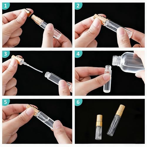 100 Pcs Mini Spray Bottles, 5 ml & 3 ml Glass Fine Mist Spray Bottles, Refillable Travel Perfume Bottle with Gold Cap, Clear Empty Portable Sample Containers for Essential Oils